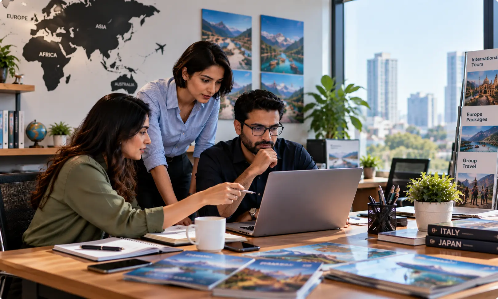 Travel agency team coordinating journeys
